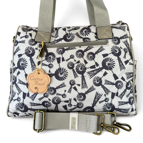 Cotton Road Handbag: Grey Canvas with Windmills Design for Everyday Use