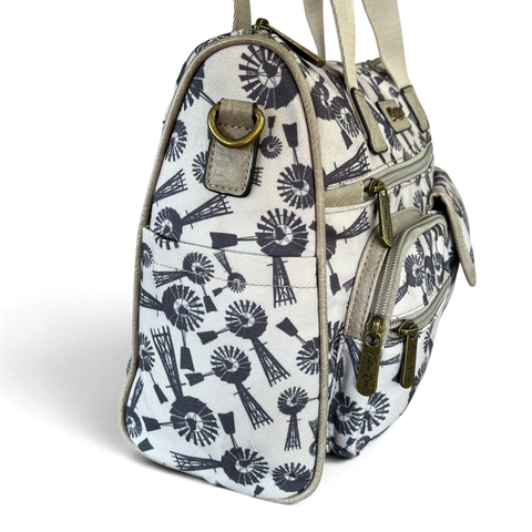 Cotton Road Handbag: Grey Canvas with Windmills Design for Everyday Use