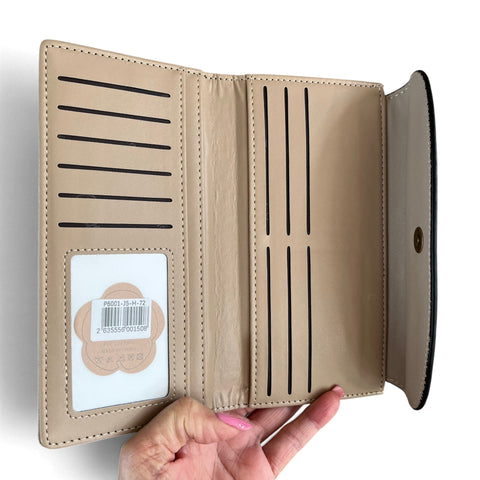 Cotton Road Wallet: Large Khaki Embossed PU Leather Wallet with CLIP
