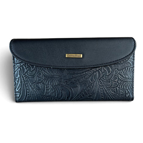 Cotton Road Wallet: Large Black Embossed PU Leather Wallet with CLIP
