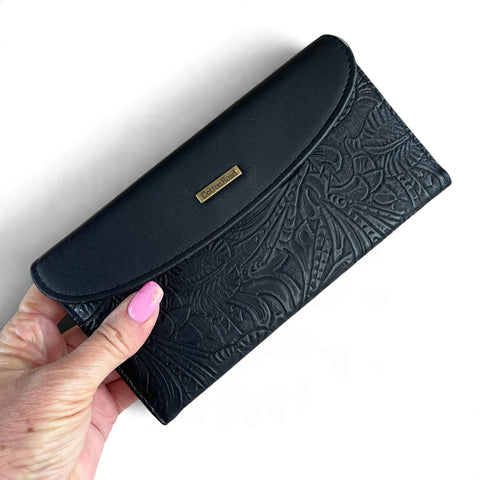 Cotton Road Wallet: Large Black Embossed PU Leather Wallet with CLIP