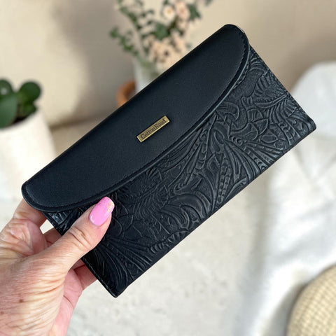Cotton Road Wallet: Large Black Embossed PU Leather Wallet with CLIP