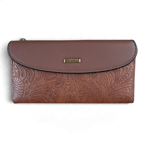 Cotton Road Wallet: Large Brown Embossed PU Leather Wallet with CLIP