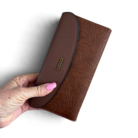 Cotton Road Wallet: Large Brown Embossed PU Leather Wallet with CLIP