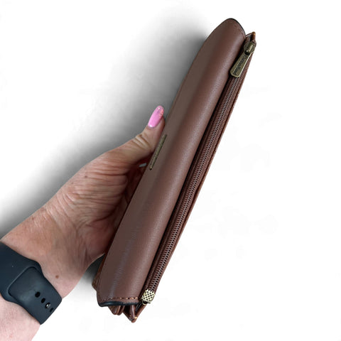Cotton Road Wallet: Large Brown Embossed PU Leather Wallet with CLIP