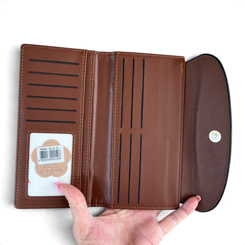 Cotton Road Wallet: Large Brown Embossed PU Leather Wallet with CLIP