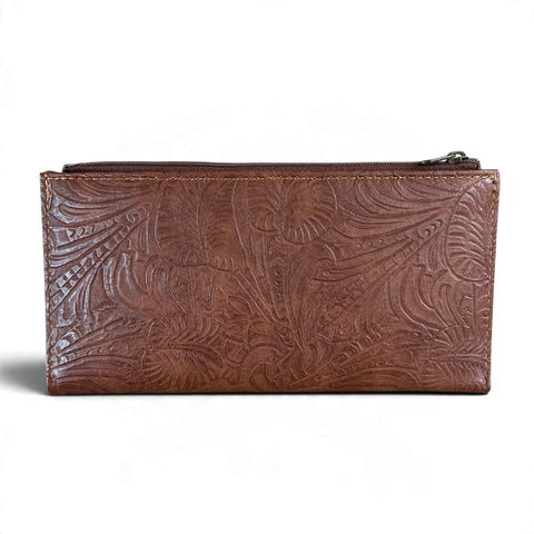 Cotton Road Wallet: Large Brown Embossed PU Leather Wallet with CLIP