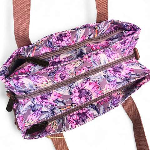 PINK CANVAS Cotton Road Handbag with PROTEAS and PU LEATHER TRIM
