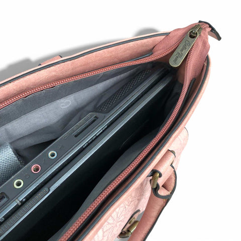 Pink Cotton Road laptop bag with PU leather lace print and multiple compartments for 15.6" laptop