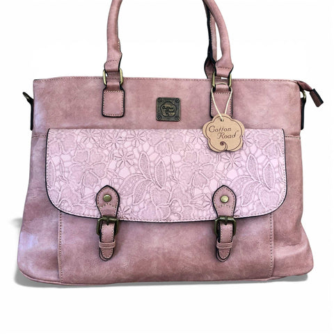 Cotton Road Laptop Bag in dusty pink PU leather with lace print and multiple compartments for 15.6" laptops