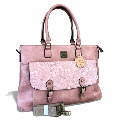 Cotton Road Laptop Bag in pink PU leather with lace print, dual handles, detachable shoulder strap, designed for 15.6" laptops