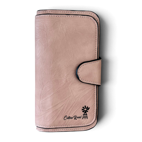 Cotton Road Wallet in soft pink PU leather with stitched edging, clip closure and black windmill logo detail