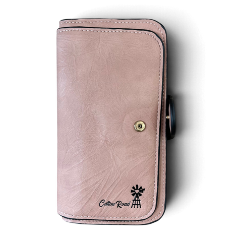Cotton Road Wallet in soft pink textured PU leather with stitched edging, snap closure and windmill logo detail