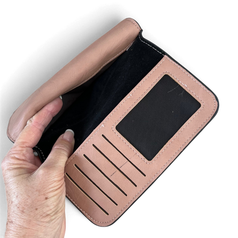 Cotton Road Wallet in soft pink PU leather, open with stitched card slots and a clear ID window visible inside