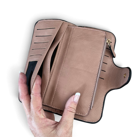 Cotton Road Handbag wallet in dusty pink PU leather, opened to show card slots and zip compartment