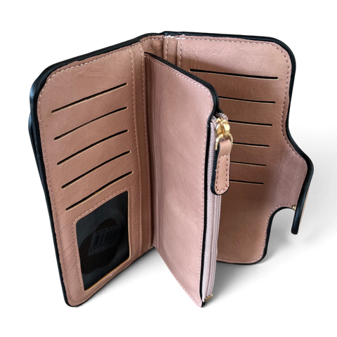 Cotton Road Wallet in pink PU leather, open with card slots, ID window and central zip compartment visible