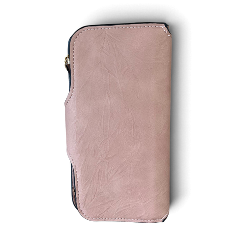 Cotton Road Wallet in soft pink textured PU leather, featuring rounded edges and a secure zip closure
