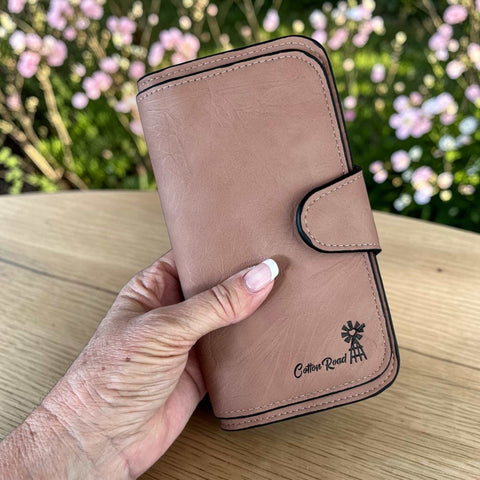 Cotton Road Wallet in dusty pink PU leather with stitched edges, clip closure and windmill logo detail