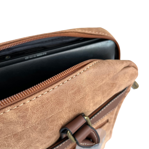 Cotton Road Laptop Bag in khaki PU leather, featuring twin zip compartments, brown trim and antique-style hardware