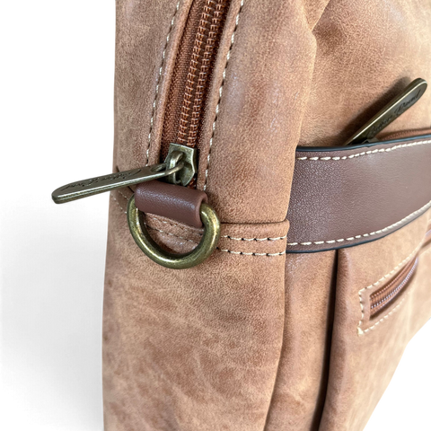 Cotton Road Laptop Bag in brown PU leather with contrast stitching, antique brass ring and zip details