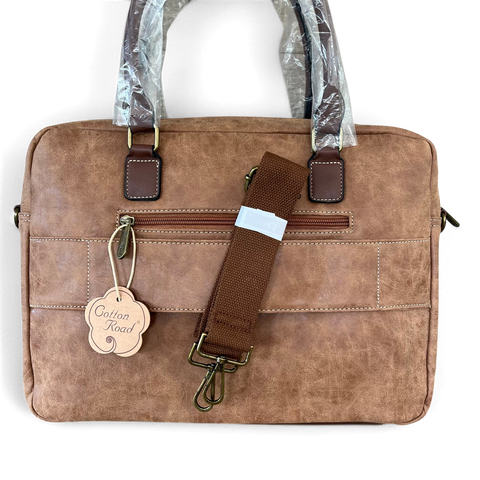 Cotton Road Laptop Bag in distressed khaki PU leather with front zip pocket, twin handles and detachable woven shoulder strap