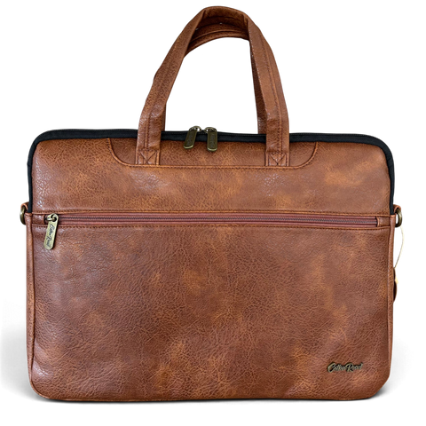 Cotton Road Laptop Bag in brown textured PU leather, featuring padded design, dual handles and front zip pocket