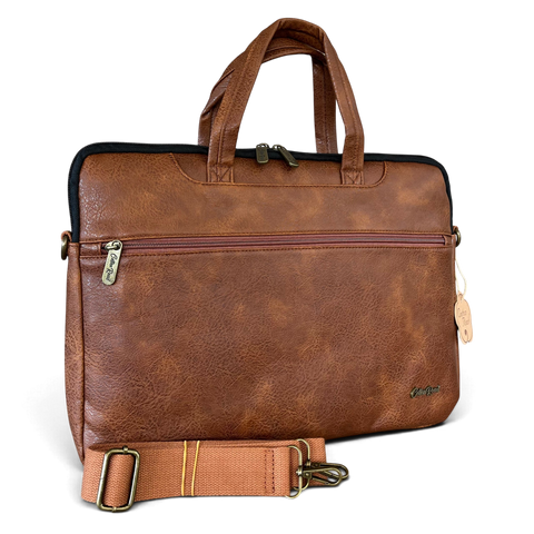 Cotton Road Laptop Bag in brown textured PU leather, featuring padded compartments, twin handles and adjustable shoulder strap