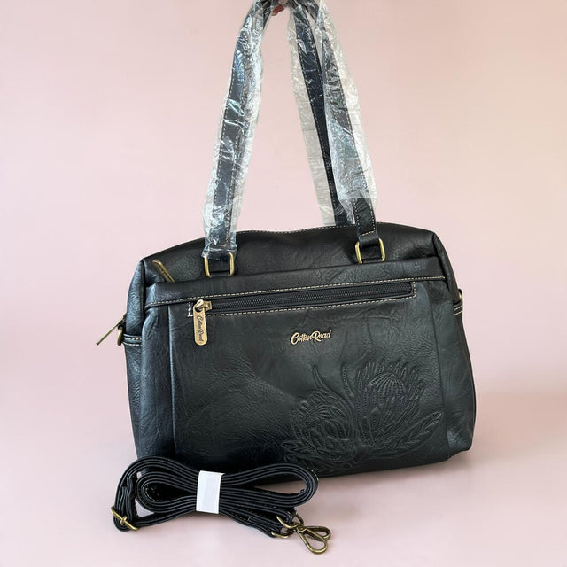 Cotton Road Handbag: BLACK PU Leather with EMBROIDERED PROTEA Design