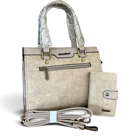 Cotton Road Handbag: KHAKI EMBOSSED PU Leather with Matching Wallet