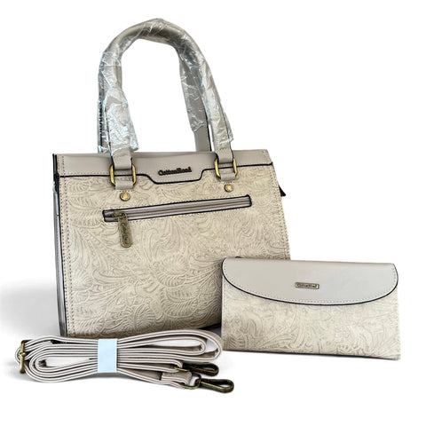 Cotton Road Handbag: KHAKI PU Leather with EMBOSSED Panel and Matching Wallet