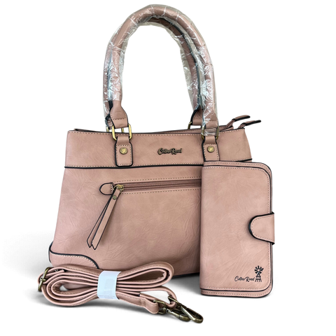 Cotton Road Handbag in dusty pink PU leather with matching zip wallet, twin handles and detachable shoulder strap