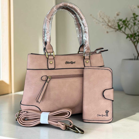Cotton Road Handbag in dusty pink PU leather with matching wallet and detachable shoulder strap
