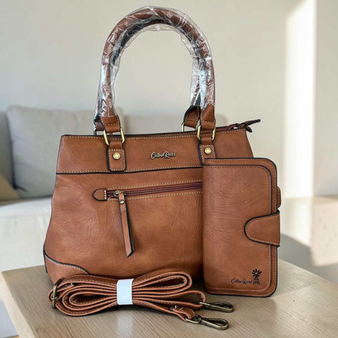 Cotton Road Handbag in textured brown PU leather with matching wallet, twin handles and detachable shoulder strap