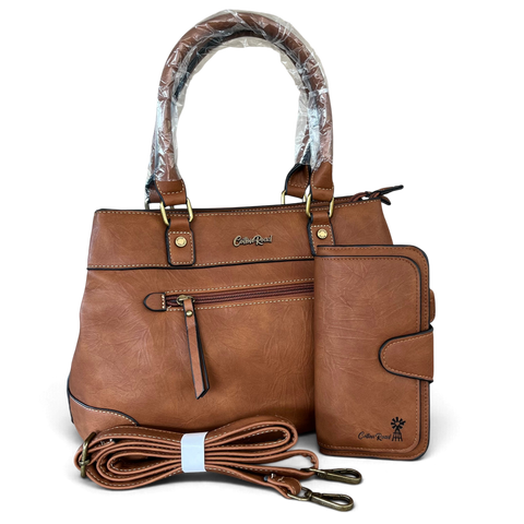 Cotton Road Handbag in textured brown PU leather with matching wallet, twin handles and detachable shoulder strap