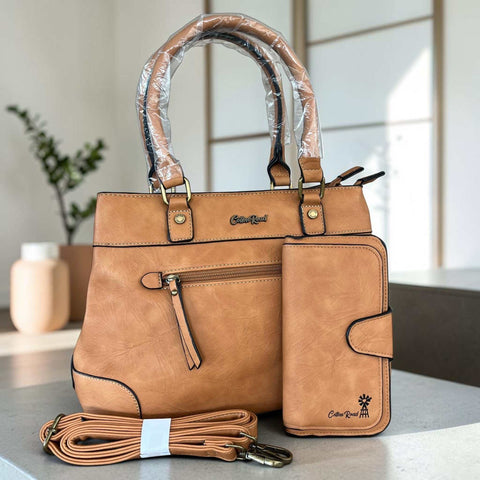 Cotton Road Handbag in tan PU leather with twin handles, matching wallet and detachable shoulder strap