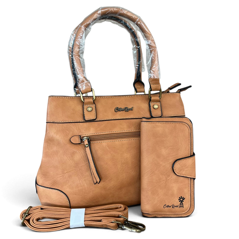 Cotton Road Handbag in tan PU leather with matching wallet, twin handles and detachable shoulder strap