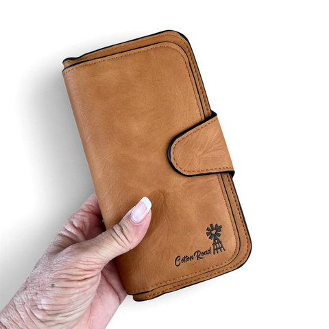 Cotton Road Wallet in khaki textured faux leather with contrast stitching, snap closure and windmill logo detail