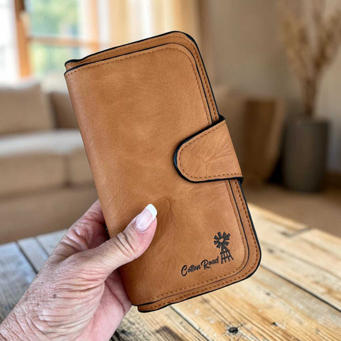 Cotton Road Wallet in khaki PU leather with stitched trim, snap closure and windmill logo detail