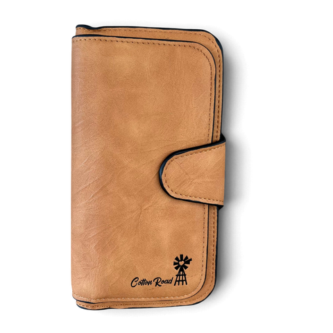 Cotton Road Wallet in khaki PU leather with stitched edges, clip closure and black windmill logo detail