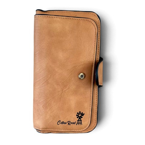 Cotton Road Wallet in khaki PU leather with stitched edging, snap closure and black windmill logo detail