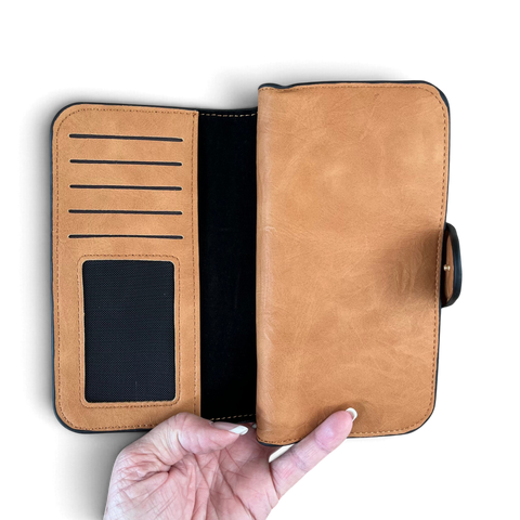 Cotton Road Handbag set featuring a tan PU leather wallet with card slots, ID window and secure zip closure