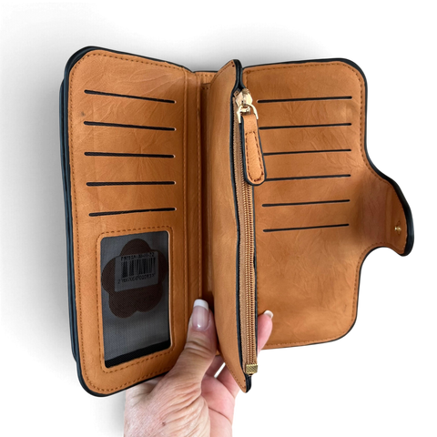 Cotton Road Wallet in khaki PU leather with tan interior, card slots, ID window and zip compartment
