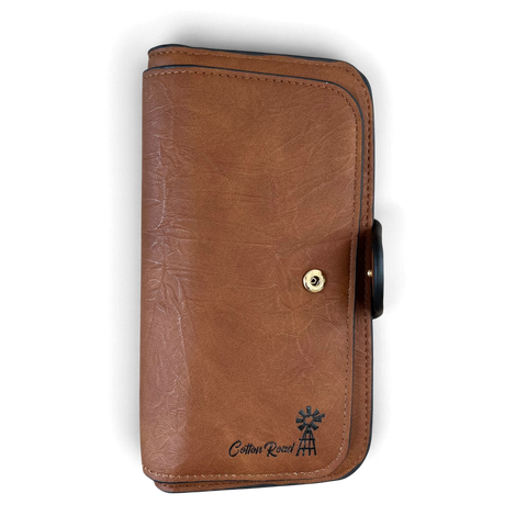 Cotton Road Handbag brown PU leather wallet with textured finish, stitched edges and windmill branding