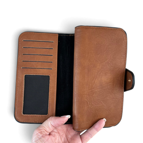 Cotton Road Handbag matching brown PU leather wallet with multiple card slots and clear ID window, open design