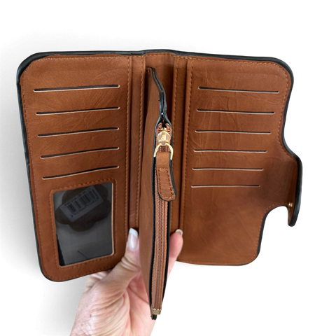 Cotton Road Handbag brown PU leather wallet with multiple card slots, ID window and central zip compartment