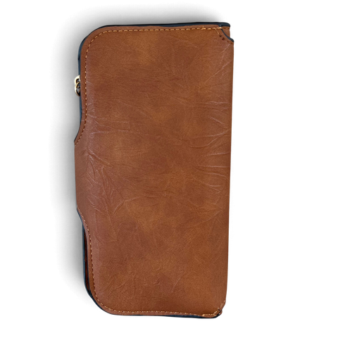 Cotton Road Handbag in brown textured PU leather with contrast stitching and a compact zip-around design