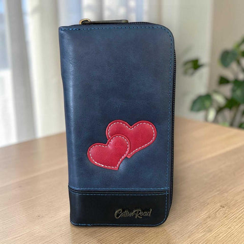 Cotton Road Wallet: Large BLUE PU Leather with Heart Design