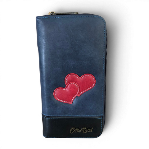 Cotton Road Wallet: Large BLUE PU Leather with Heart Design