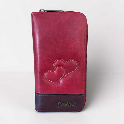 Cotton Road Wallet: Large MAROON RED PU Leather with Heart Design