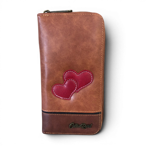 Cotton Road Wallet large brown PU leather with double-heart design and zip-around closure